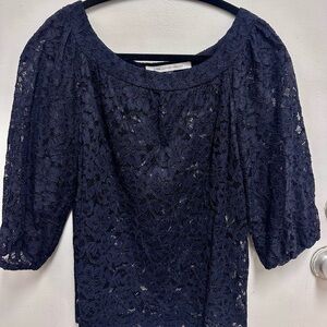 Diane Von Furstenberg Blue Lace Blouse with Puff Sleeves